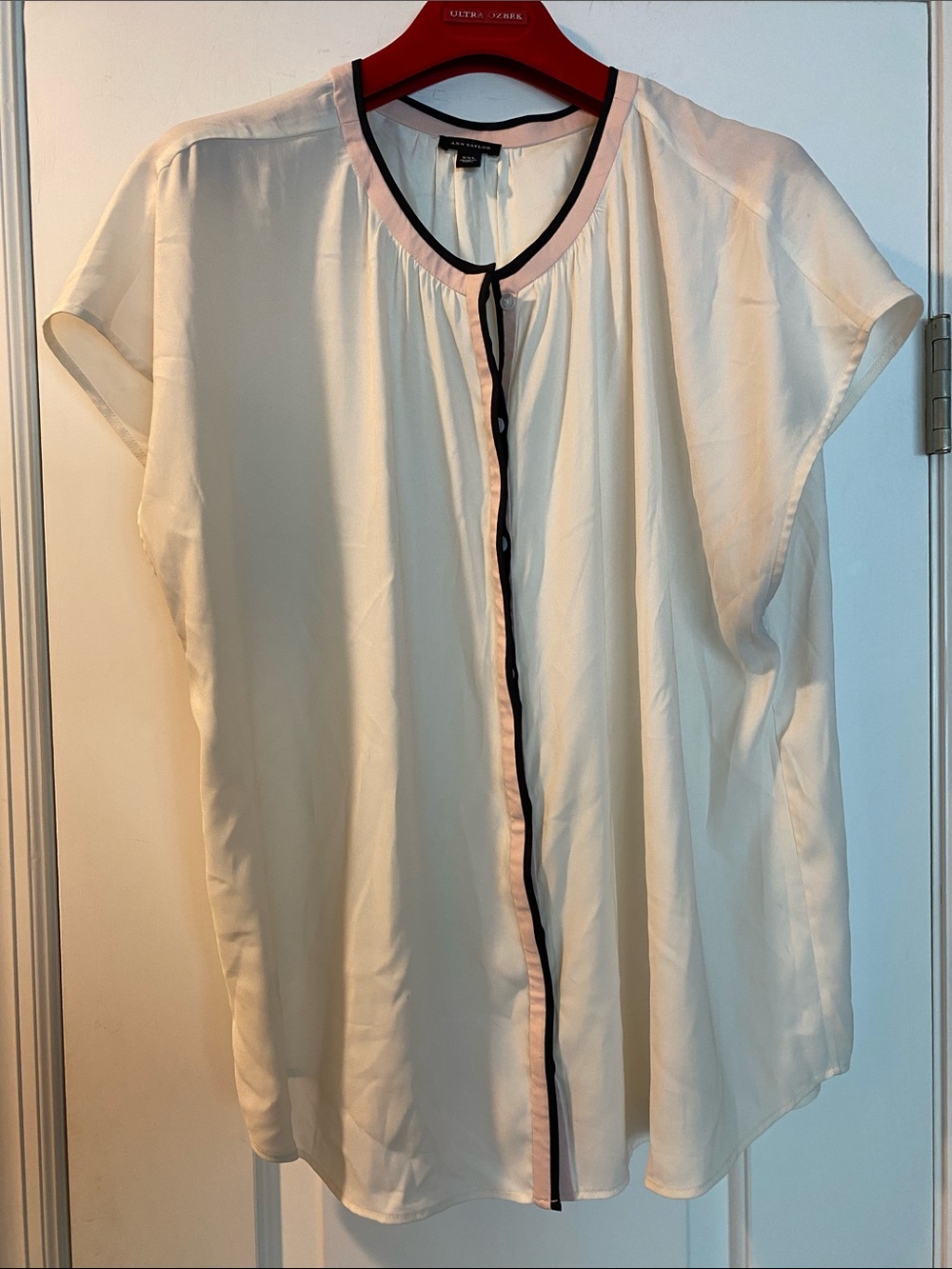 Ann Taylor Beautiful Pink Black Detail Button Down Shirt NWOT